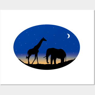 Giraffe - Elephant - Stars - Moon Posters and Art